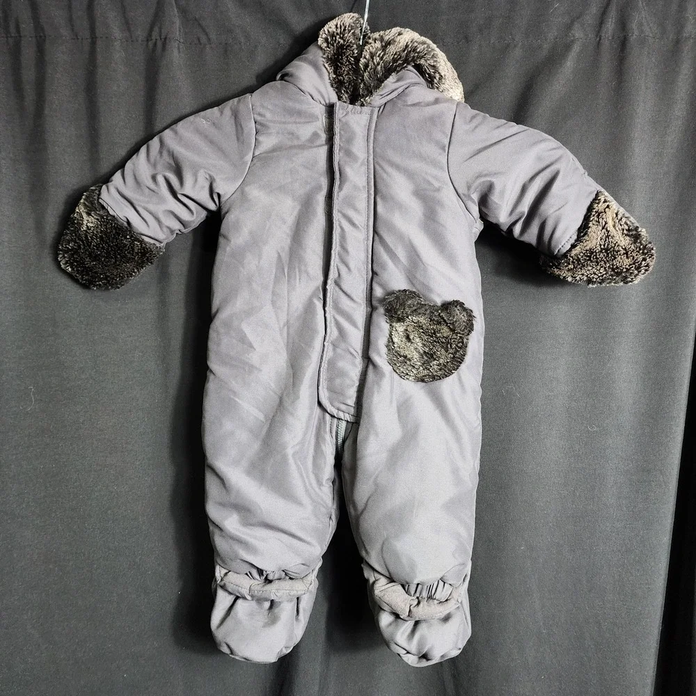First Impressions Baby Gray Faux Fur Trim Hooded Pram Suit Bunting 3-6 Months